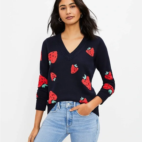 LOFT Strawberry V-Neck Sweater in Navy Blue Size X-Small - Picture 3 of 10